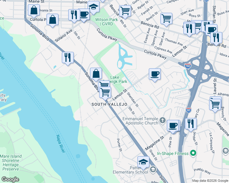map of restaurants, bars, coffee shops, grocery stores, and more near 525 5th Street in Vallejo