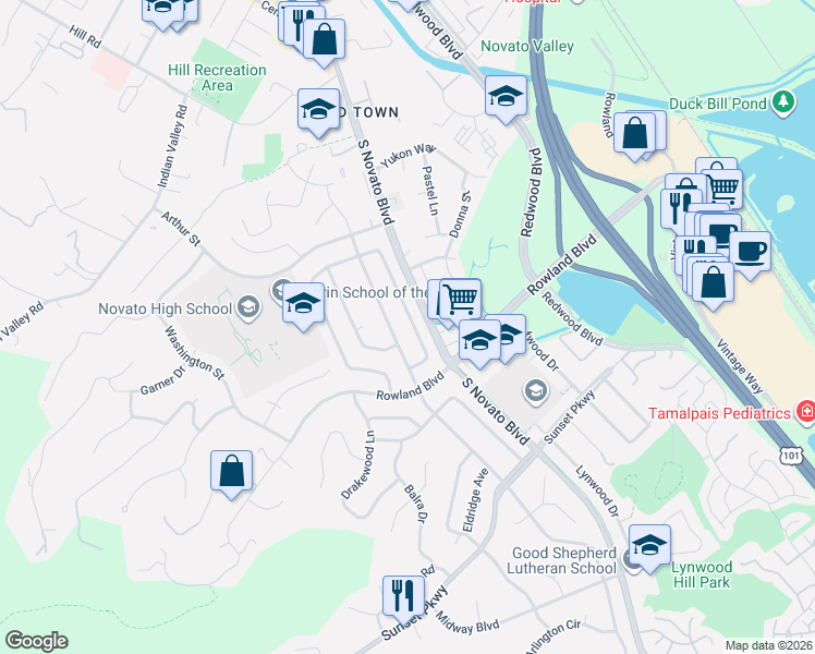 map of restaurants, bars, coffee shops, grocery stores, and more near 1422 Buchanan Street in Novato