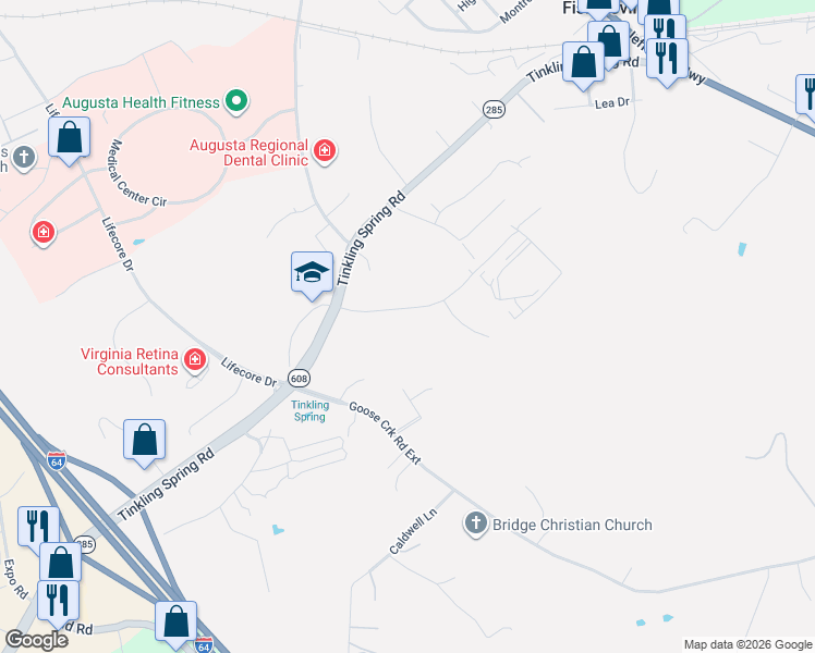 map of restaurants, bars, coffee shops, grocery stores, and more near 71 Wilson Boulevard in Fishersville