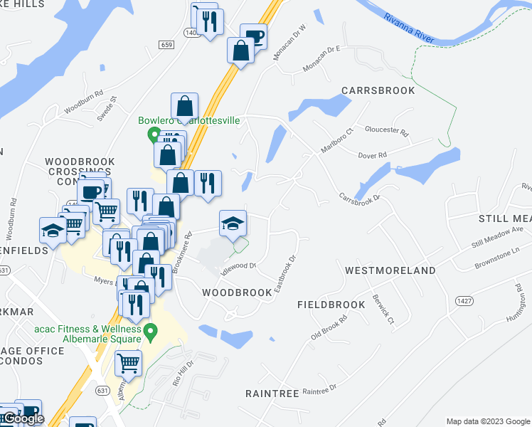 map of restaurants, bars, coffee shops, grocery stores, and more near 3003 Idlewood Drive in Charlottesville