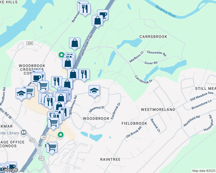 map of restaurants, bars, coffee shops, grocery stores, and more near 3003 Idlewood Drive in Charlottesville