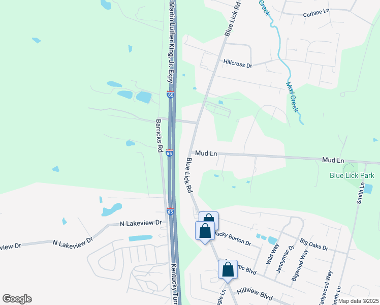 map of restaurants, bars, coffee shops, grocery stores, and more near Blue Lick Road & Mud Lane in Louisville