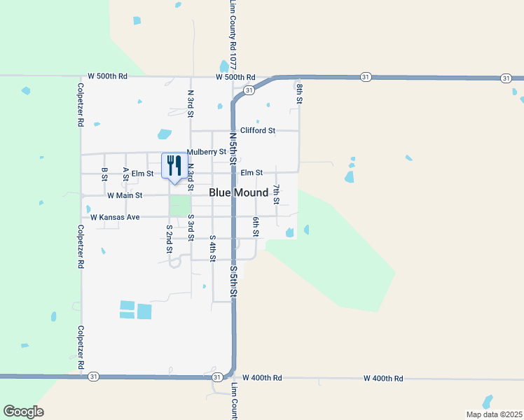 map of restaurants, bars, coffee shops, grocery stores, and more near 510 East Kansas Avenue in Blue Mound