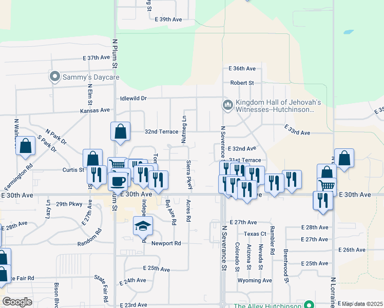 map of restaurants, bars, coffee shops, grocery stores, and more near 3102 Sierra Parkway in Hutchinson