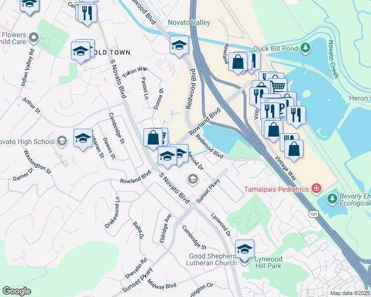 map of restaurants, bars, coffee shops, grocery stores, and more near in Novato