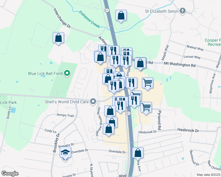 map of restaurants, bars, coffee shops, grocery stores, and more near 5007 Mud Ln in Louisville