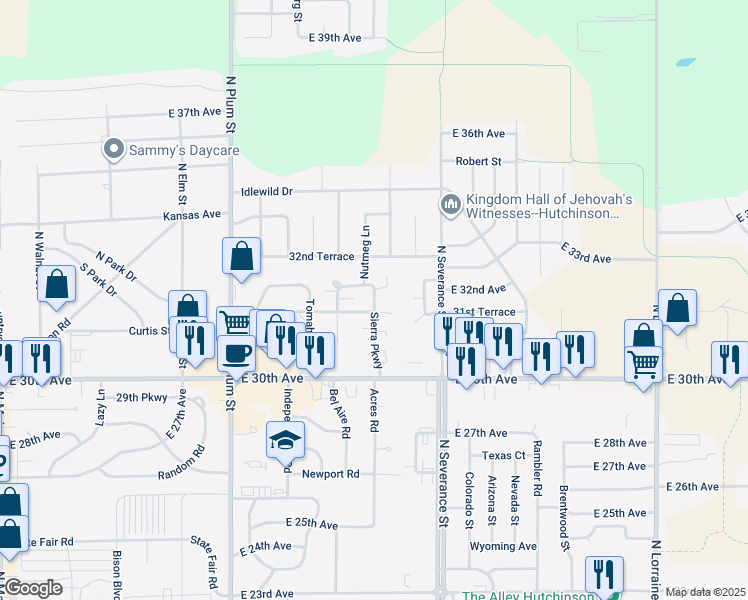 map of restaurants, bars, coffee shops, grocery stores, and more near 3102 Sierra Parkway in Hutchinson