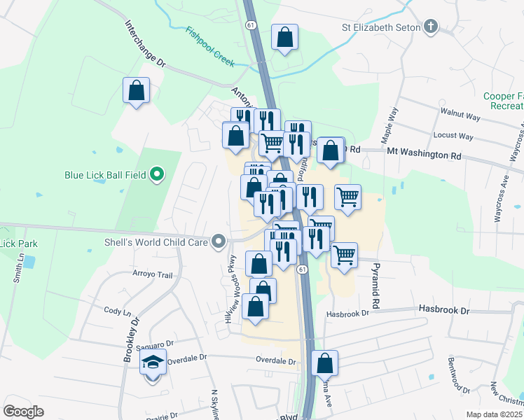 map of restaurants, bars, coffee shops, grocery stores, and more near 5001 Mud Lane in Louisville