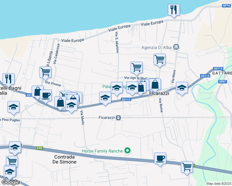map of restaurants, bars, coffee shops, grocery stores, and more near 47 Via San Martino in Ficarazzi