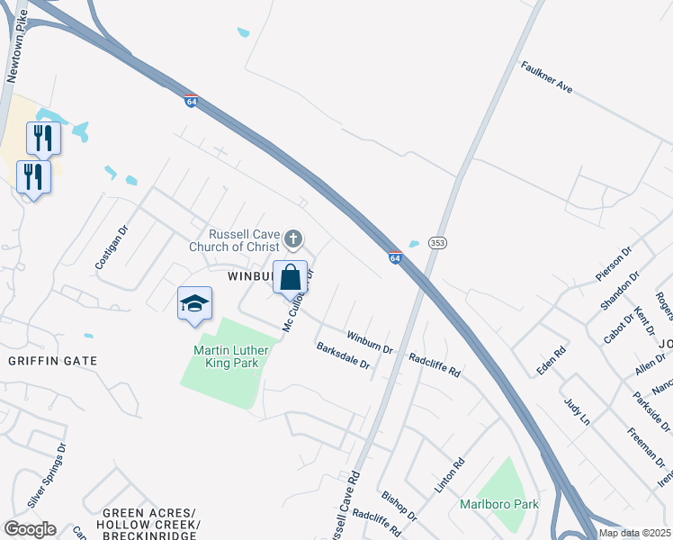 map of restaurants, bars, coffee shops, grocery stores, and more near 1895 Barksdale Drive in Lexington