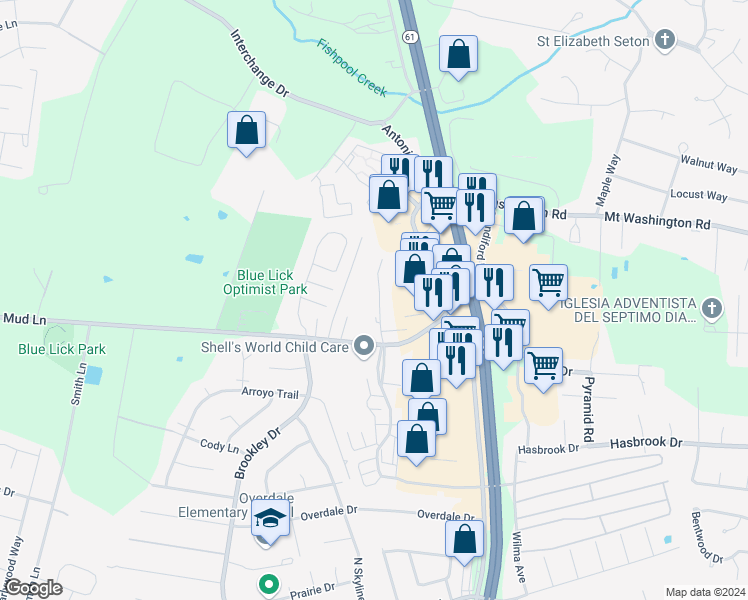 map of restaurants, bars, coffee shops, grocery stores, and more near 10800 Southgate Manor Drive in Louisville