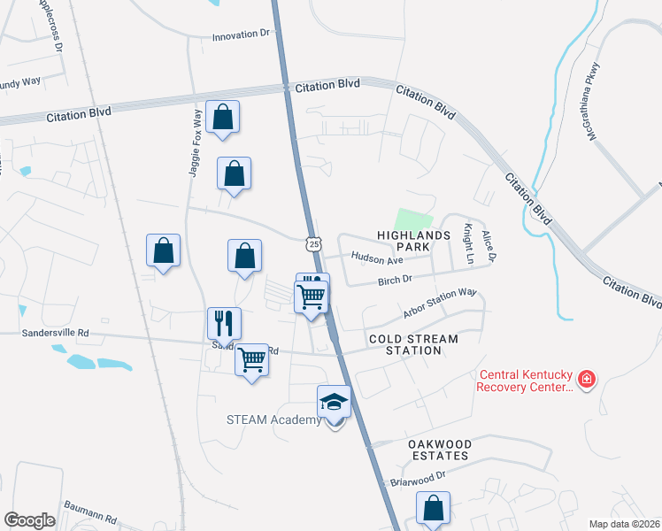 map of restaurants, bars, coffee shops, grocery stores, and more near 1990 Parallel Road in Lexington