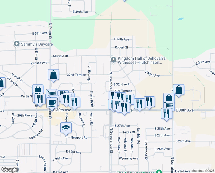 map of restaurants, bars, coffee shops, grocery stores, and more near 3127 Belmont Street in Hutchinson