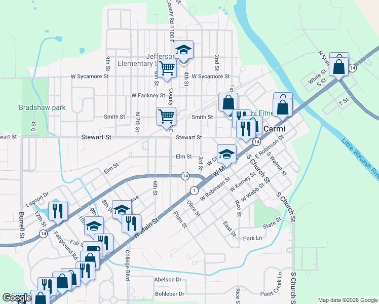 map of restaurants, bars, coffee shops, grocery stores, and more near 302 4th Street in Carmi