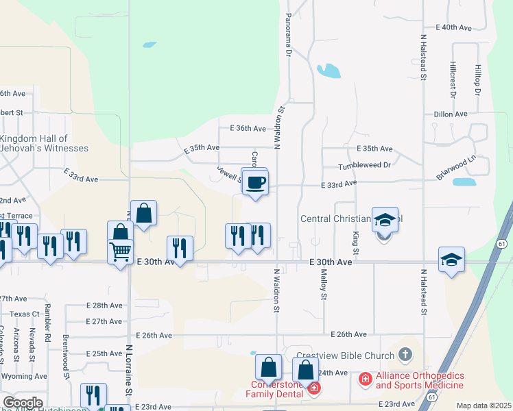 map of restaurants, bars, coffee shops, grocery stores, and more near 3200 Plaza East Drive in Hutchinson