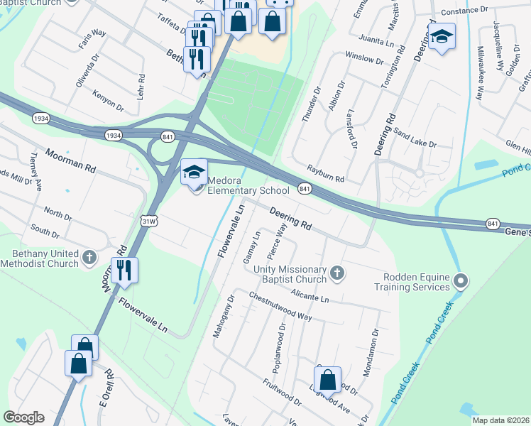 map of restaurants, bars, coffee shops, grocery stores, and more near 11611 Deering Road in Louisville