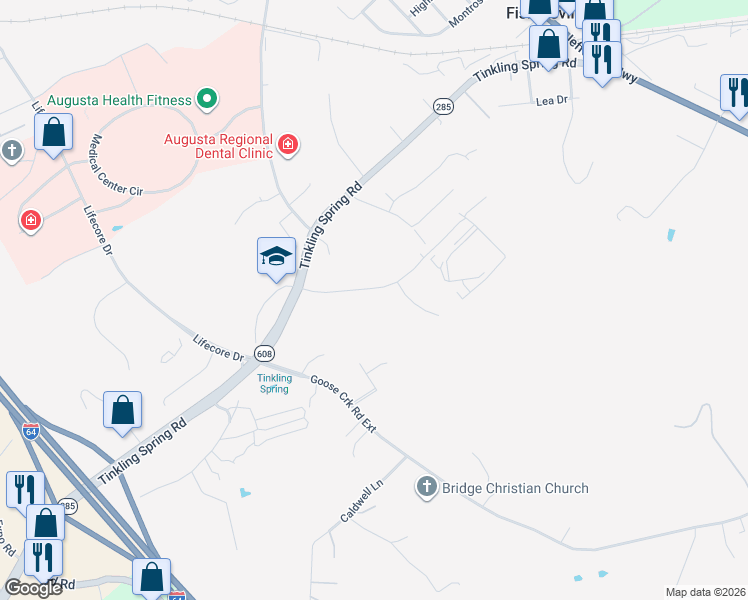 map of restaurants, bars, coffee shops, grocery stores, and more near 73 Wilson Boulevard in Fishersville