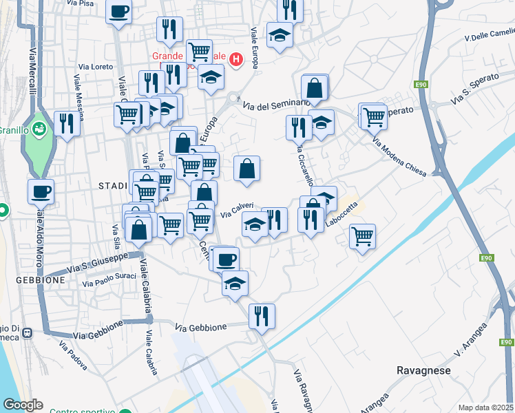 map of restaurants, bars, coffee shops, grocery stores, and more near Via Calveri in Reggio Calabria