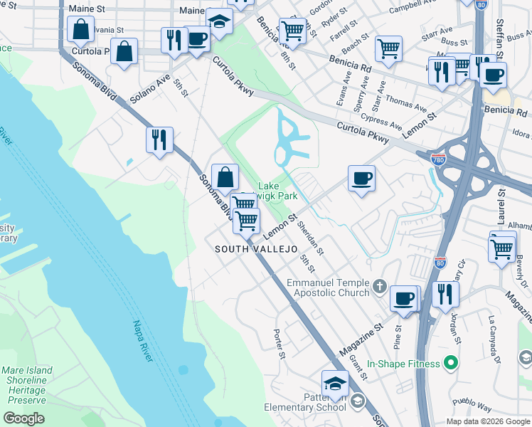 map of restaurants, bars, coffee shops, grocery stores, and more near 525 5th Street in Vallejo