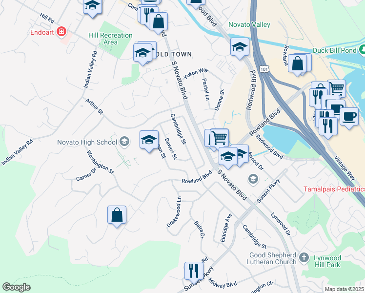 map of restaurants, bars, coffee shops, grocery stores, and more near 1423 Cambridge Street in Novato