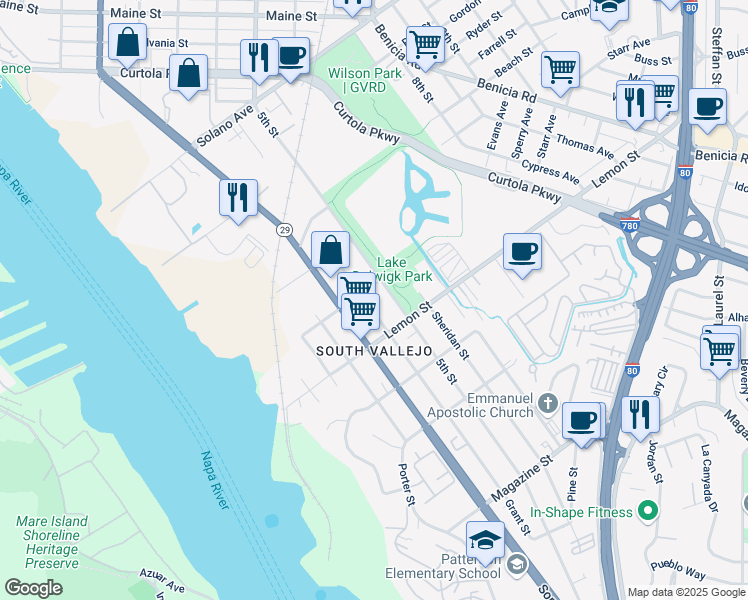 map of restaurants, bars, coffee shops, grocery stores, and more near 503 Grant Street in Vallejo
