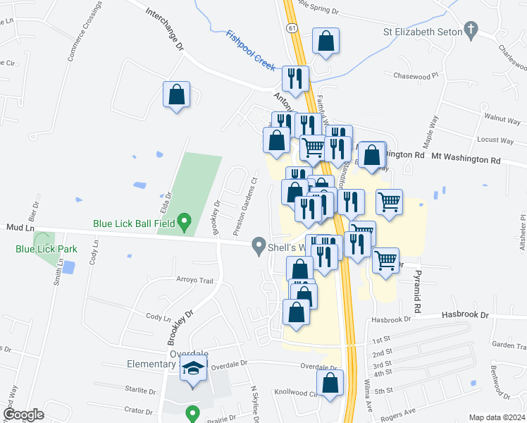 map of restaurants, bars, coffee shops, grocery stores, and more near 10900 Southgate Manor Drive in Louisville
