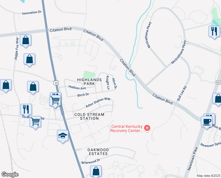 map of restaurants, bars, coffee shops, grocery stores, and more near 1955 Alice Drive in Lexington