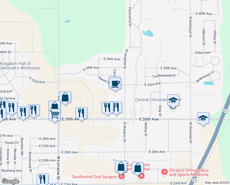 map of restaurants, bars, coffee shops, grocery stores, and more near 3200 Plaza East Drive in Hutchinson