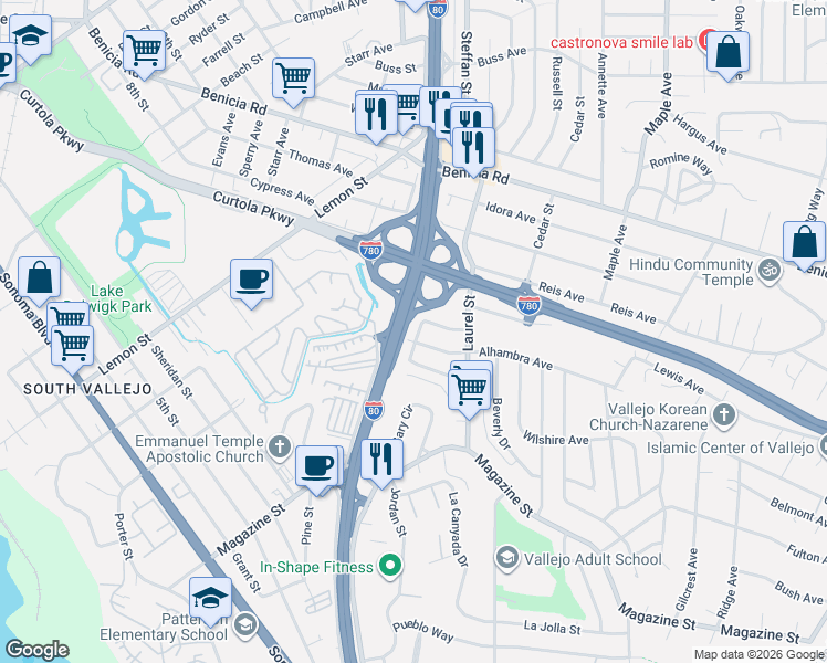 map of restaurants, bars, coffee shops, grocery stores, and more near 105 Mesa Street in Vallejo