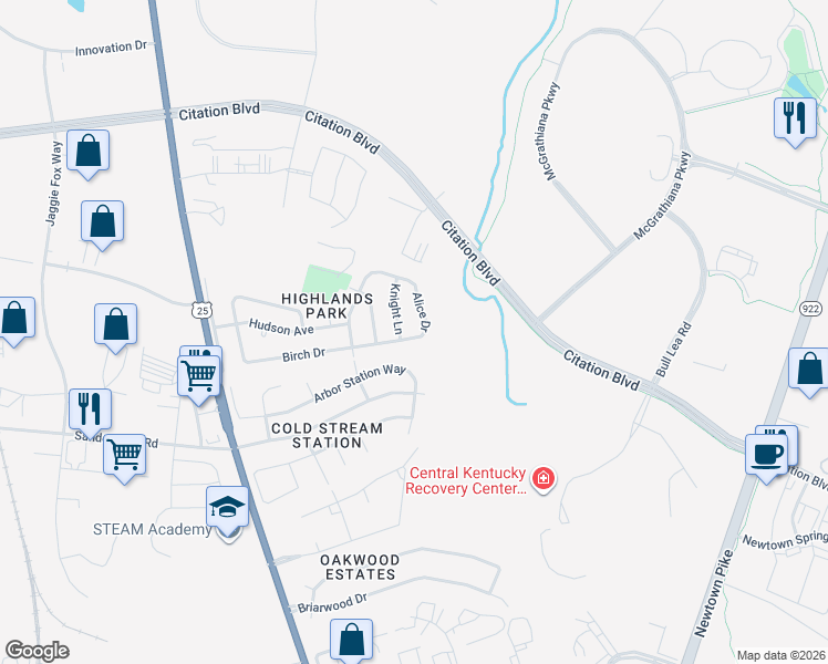 map of restaurants, bars, coffee shops, grocery stores, and more near 1959 Alice Drive in Lexington