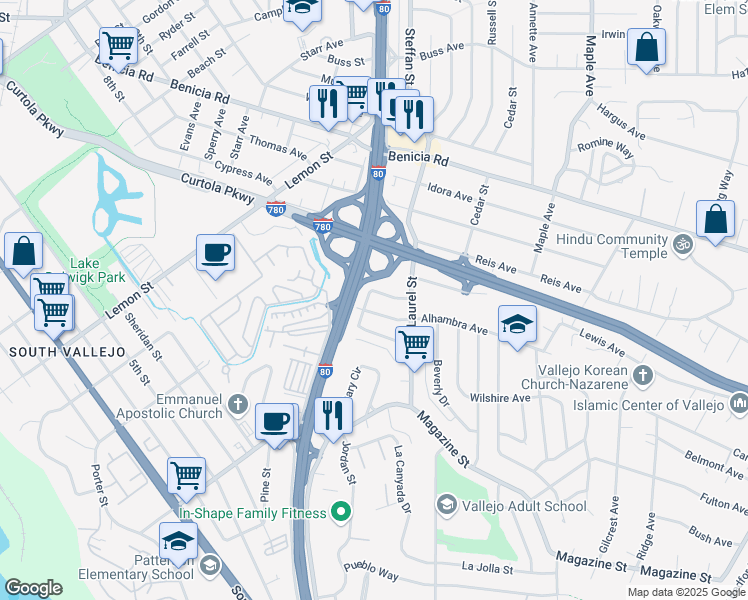 map of restaurants, bars, coffee shops, grocery stores, and more near 108 Mesa Street in Vallejo
