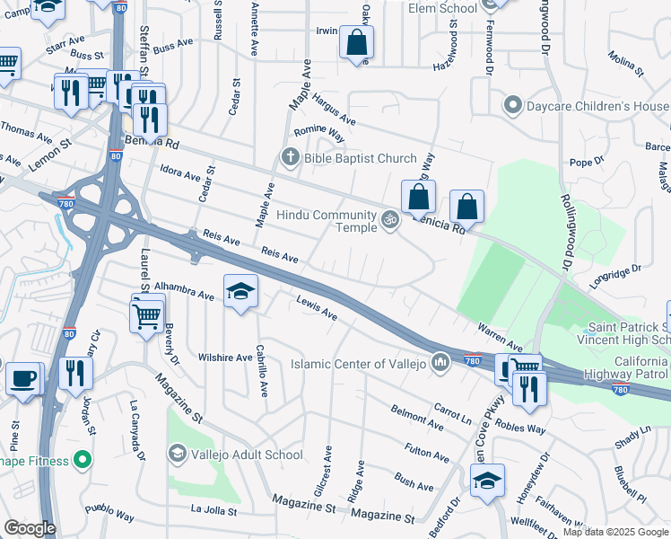map of restaurants, bars, coffee shops, grocery stores, and more near 1018 Taylor Avenue in Vallejo