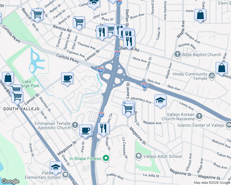 map of restaurants, bars, coffee shops, grocery stores, and more near 108 Mesa Street in Vallejo
