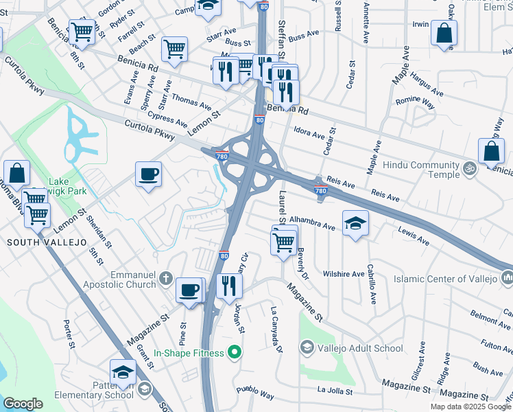 map of restaurants, bars, coffee shops, grocery stores, and more near 108 Mesa Street in Vallejo