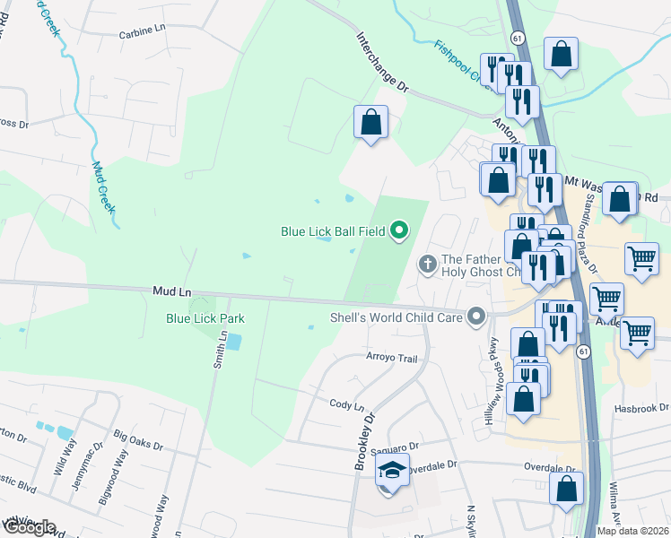map of restaurants, bars, coffee shops, grocery stores, and more near 4503 Mud Lane in Louisville