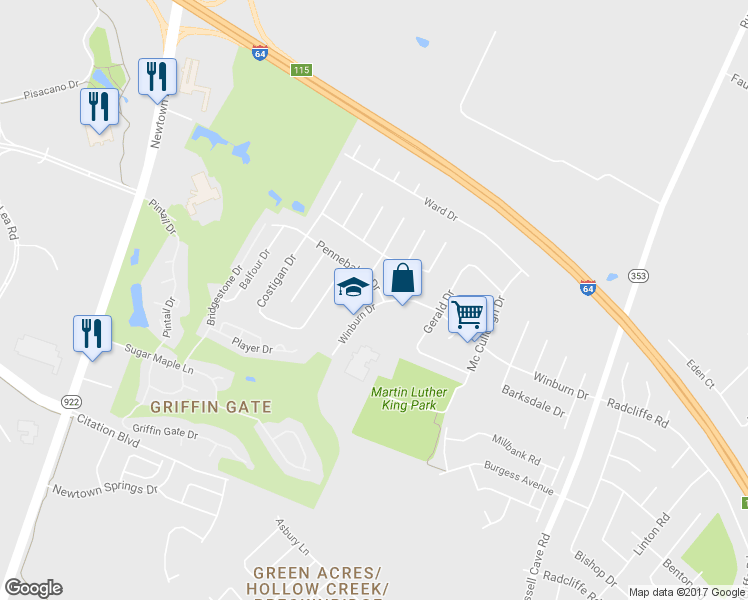 map of restaurants, bars, coffee shops, grocery stores, and more near 1093 Winburn Drive in Lexington