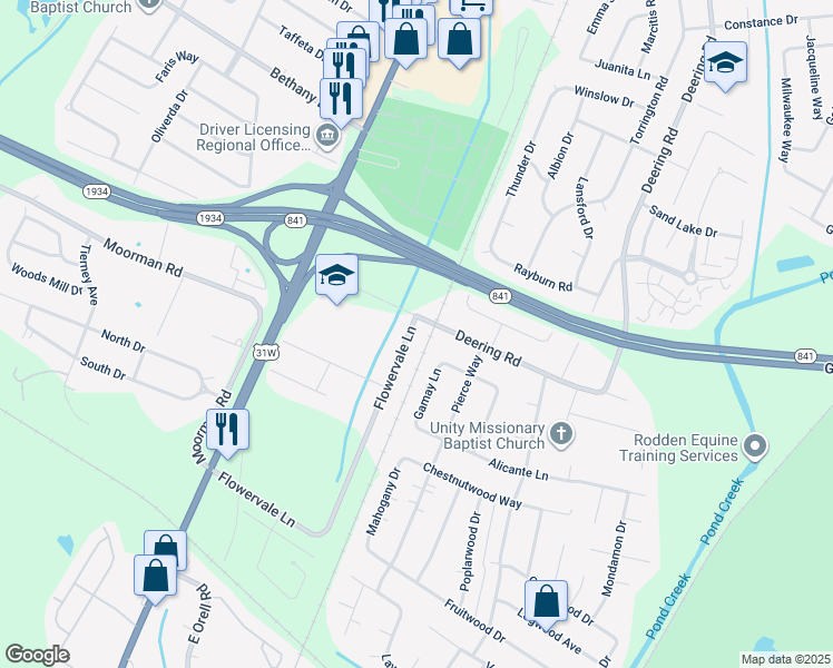 map of restaurants, bars, coffee shops, grocery stores, and more near 11403 Flowervale Lane in Louisville