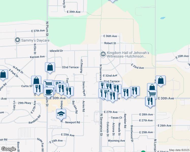 map of restaurants, bars, coffee shops, grocery stores, and more near 3127 Belmont Street in Hutchinson