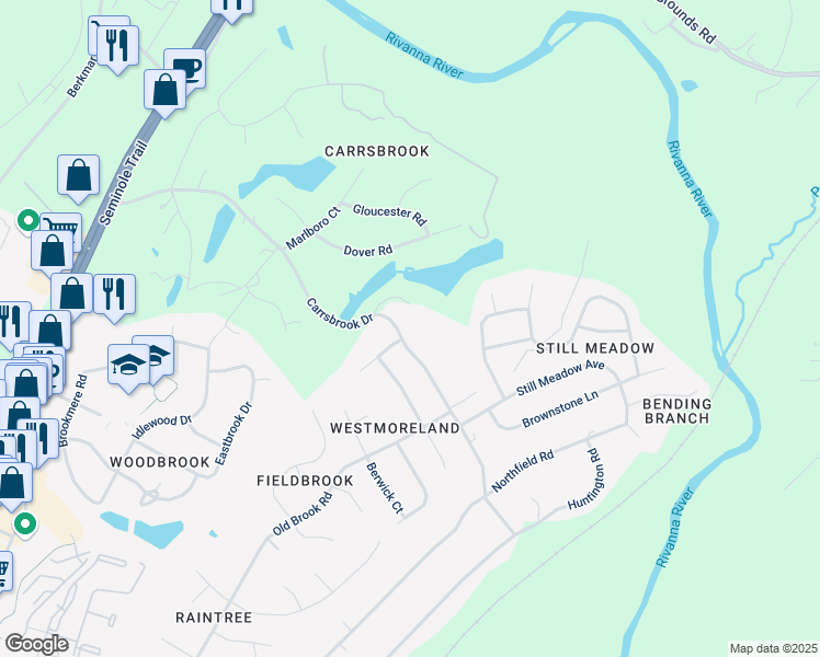 map of restaurants, bars, coffee shops, grocery stores, and more near 390 Carrsbrook Drive in Charlottesville