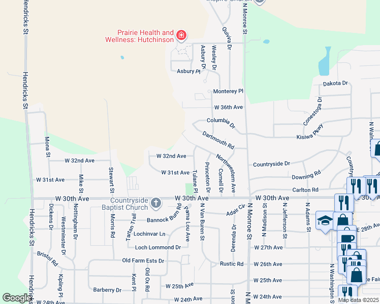 map of restaurants, bars, coffee shops, grocery stores, and more near 700 West 32nd Avenue in Hutchinson