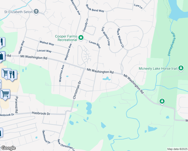 map of restaurants, bars, coffee shops, grocery stores, and more near 10804 Oreland Mill Road in Louisville