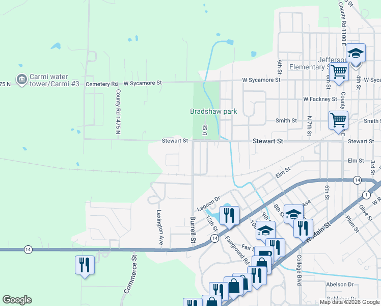map of restaurants, bars, coffee shops, grocery stores, and more near 713 Burrell Street in Carmi