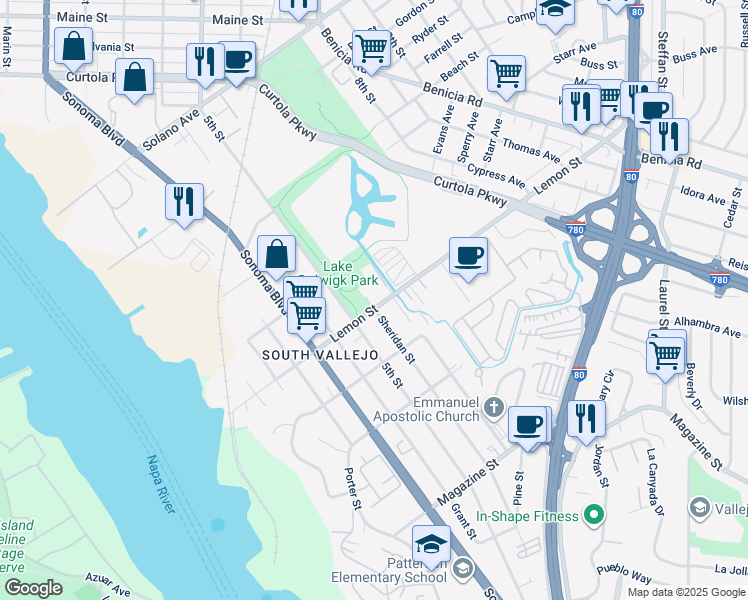 map of restaurants, bars, coffee shops, grocery stores, and more near 548 Sheridan Street in Vallejo