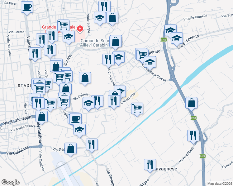 map of restaurants, bars, coffee shops, grocery stores, and more near 119 Via Calveri in Reggio Calabria