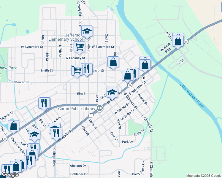 map of restaurants, bars, coffee shops, grocery stores, and more near 101-199 West Cherry Street in Carmi