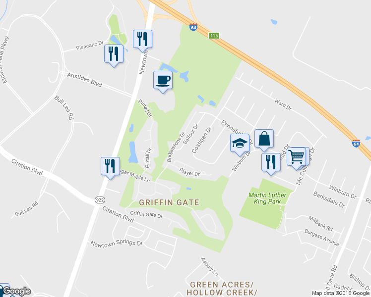 map of restaurants, bars, coffee shops, grocery stores, and more near 1834 Balfour Drive in Lexington