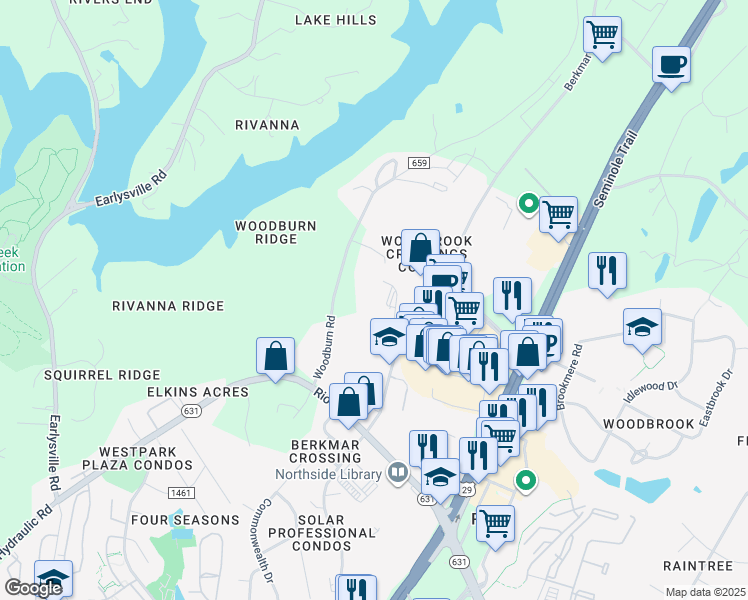 map of restaurants, bars, coffee shops, grocery stores, and more near 3201 Berkmar Drive in Charlottesville