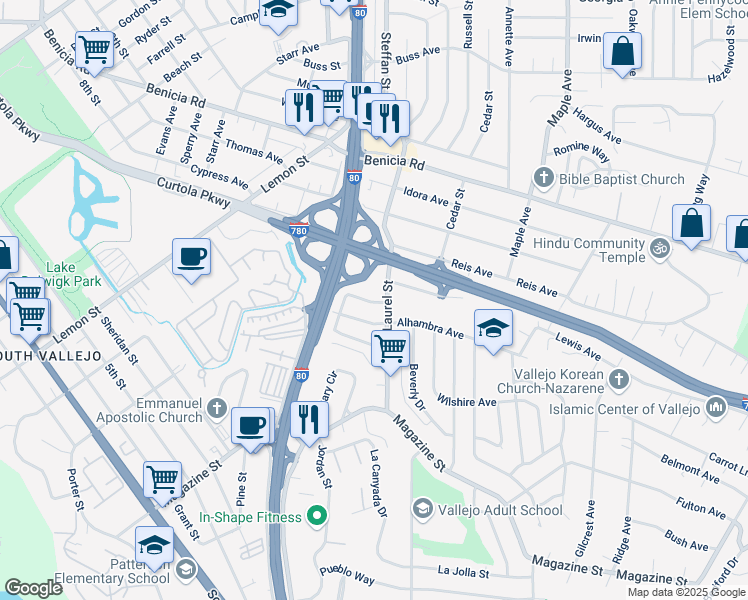 map of restaurants, bars, coffee shops, grocery stores, and more near 120 El Monte Avenue in Vallejo