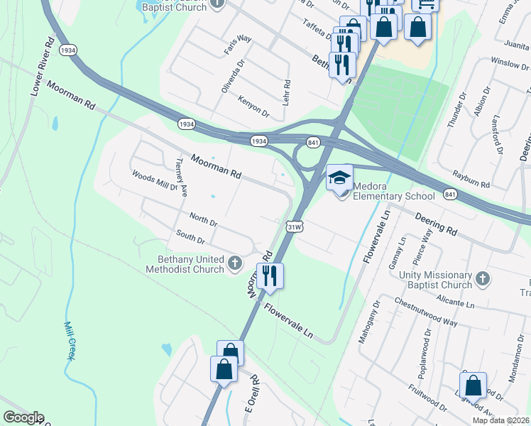 map of restaurants, bars, coffee shops, grocery stores, and more near 6213 Fox Avenue in Louisville