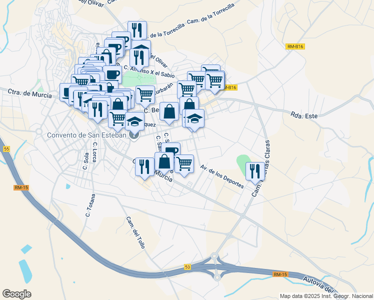 map of restaurants, bars, coffee shops, grocery stores, and more near 1 Calle Pinar in Cehegín